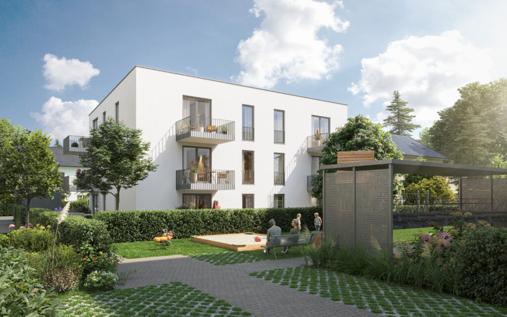 Außenvisualisierung eines Mehrfamilienhauses mit Balkonen und begrüntem Innenhof mit Wegen, Sitzbank und Sandkasten.