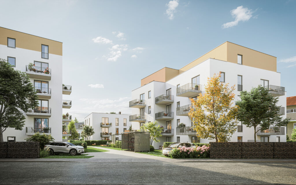 Visualisierung moderner Neubau-Wohnanlage mit Balkonen, Innenhof, Grünflächen und Stellplätzen.